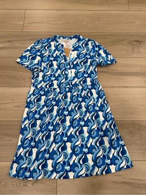 NWT Boden Naomi Short Sleeve Dress Womens 14R Blue Swirl